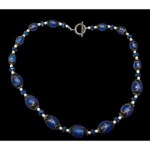 Regal Handmade Blue Glass And Faux Pearl Beaded Necklace